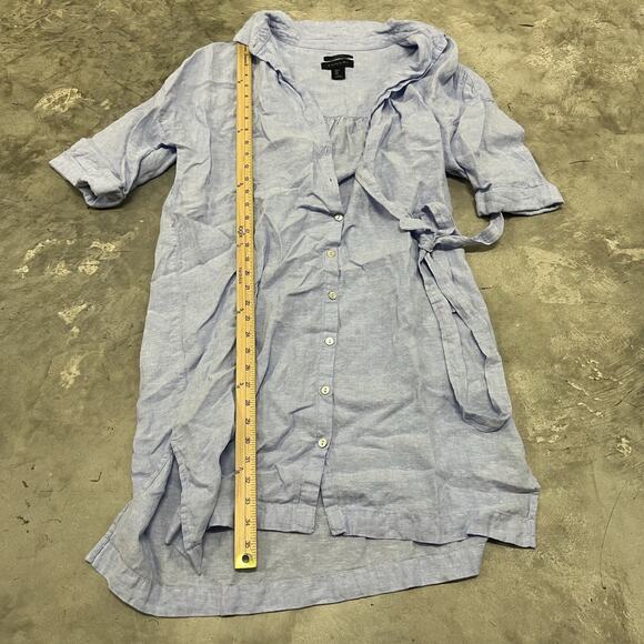 Tahari Shirt Dress 100% Linen Button Down Large L Light Blue Womens Tie Waist - Picture 2 of 5